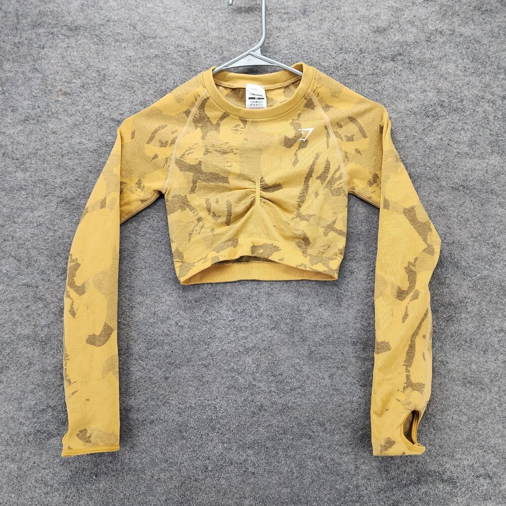 Gym Shark Shirt Womens XS Yellow Camo Crop Long Sleeve